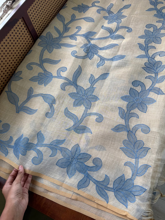 Premium Tissue Linen Sarees - Half White & Blue