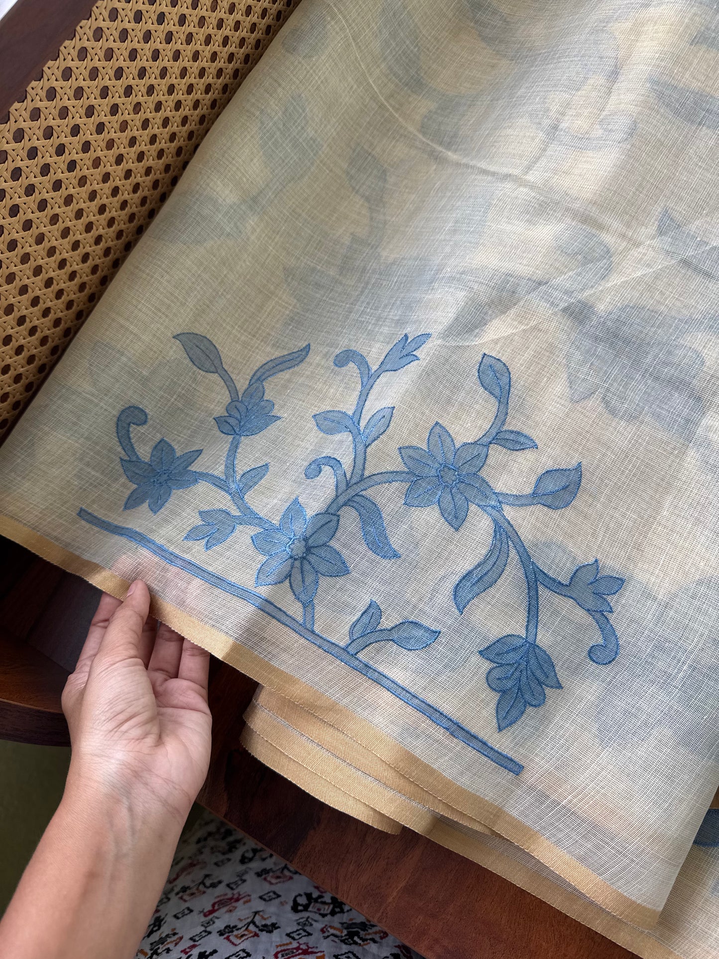 Premium Tissue Linen Sarees - Half White & Blue