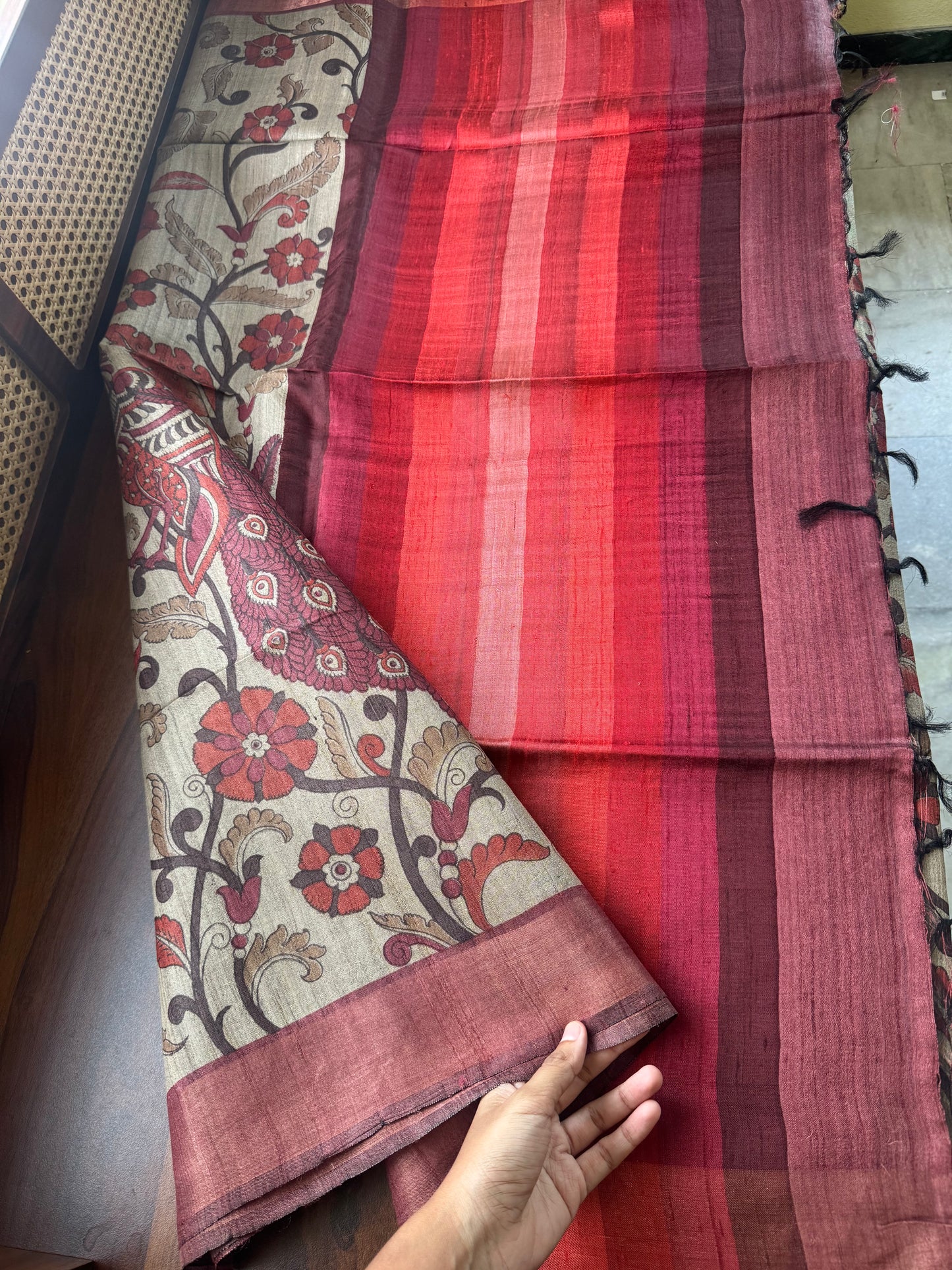 Pure Handloom Tussar Saree - Natural Beige & Maroon