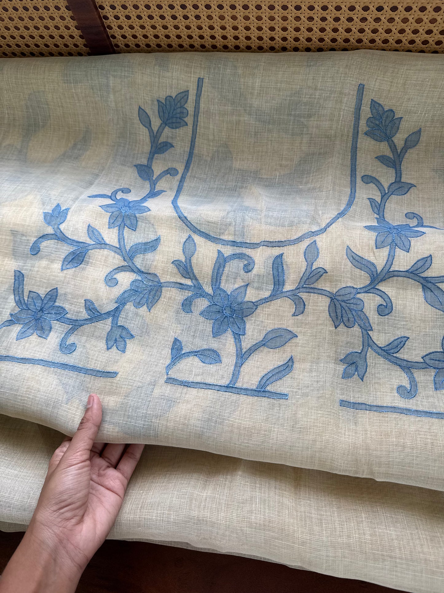 Premium Tissue Linen Sarees - Half White & Blue