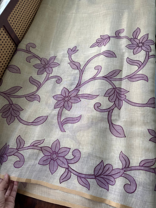Premium Tissue Linen Sarees - Half White & Violet