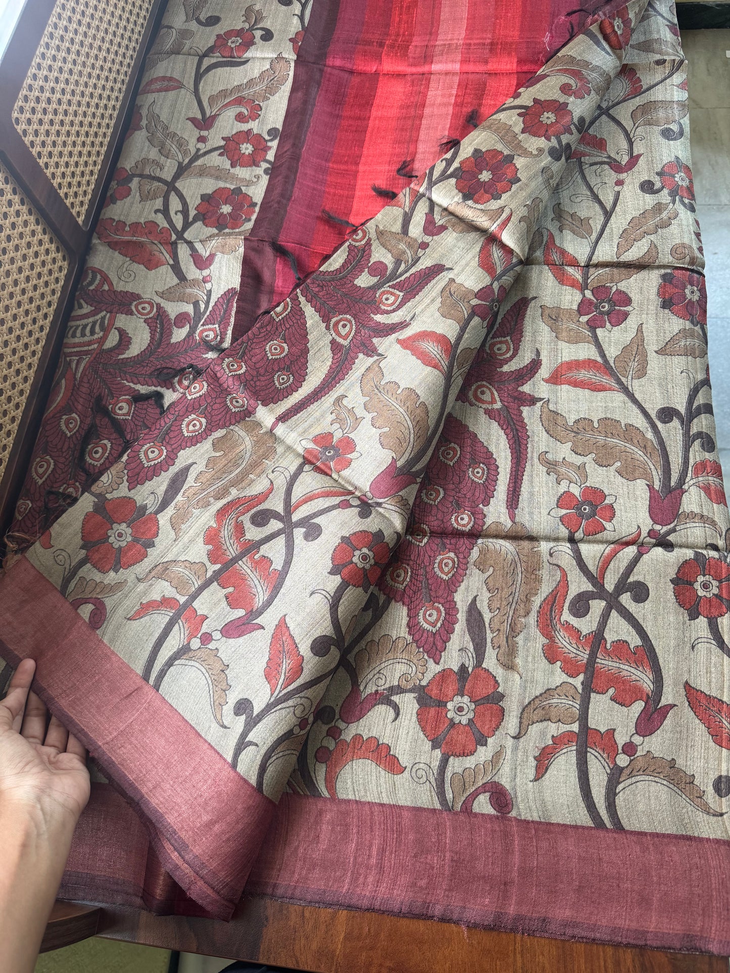Pure Handloom Tussar Saree - Natural Beige & Maroon