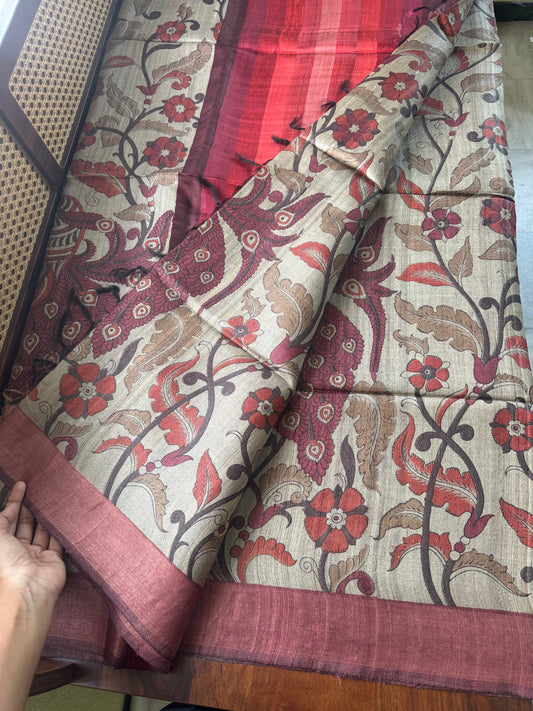 Pure Handloom Tussar Silk Saree - Natural Beige & Maroon