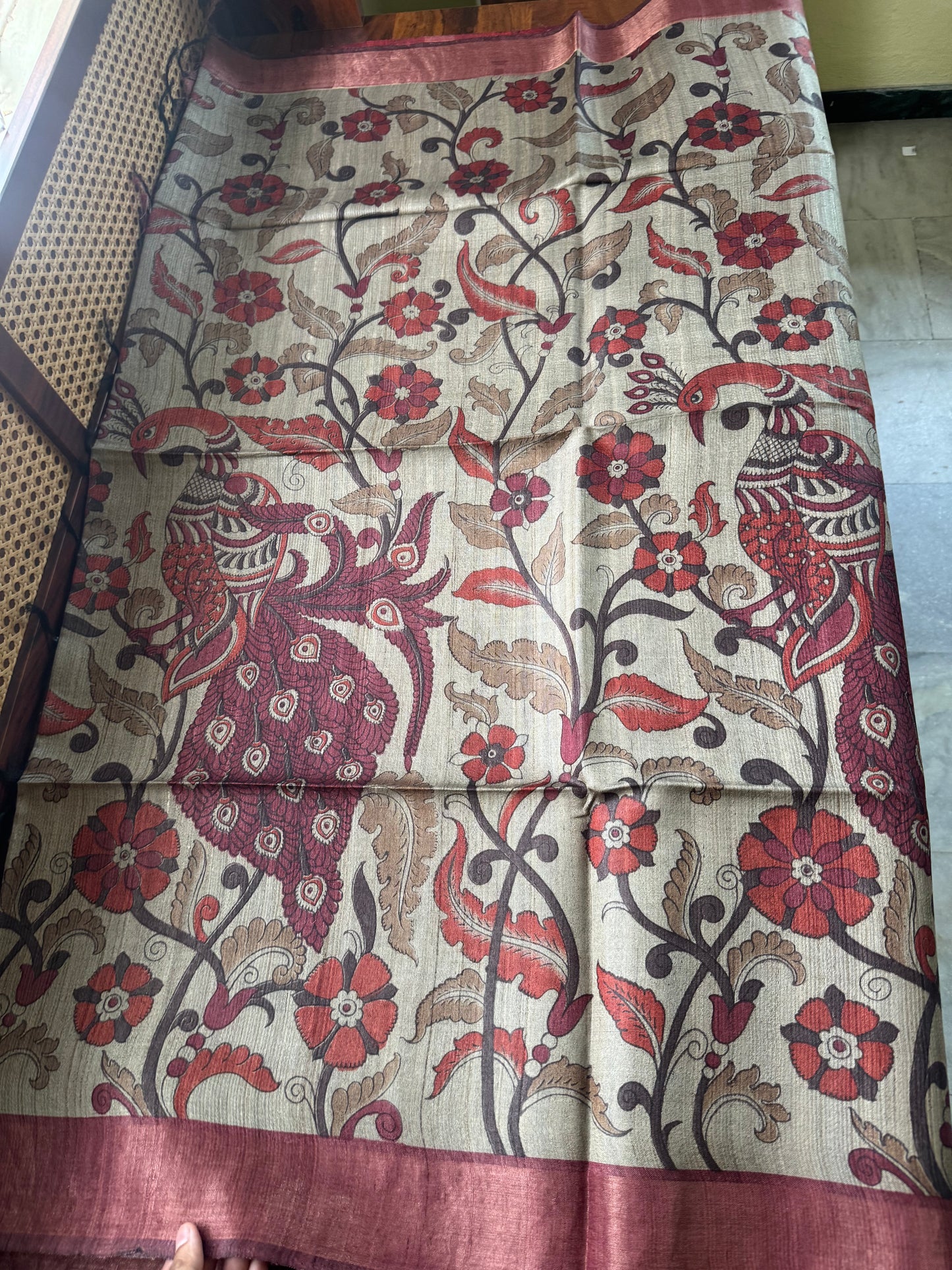 Pure Handloom Tussar Saree - Natural Beige & Maroon