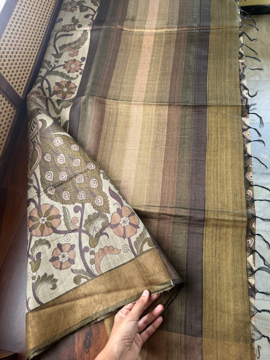 Pure Handloom Tussar Silk Saree - Natural Beige & Green