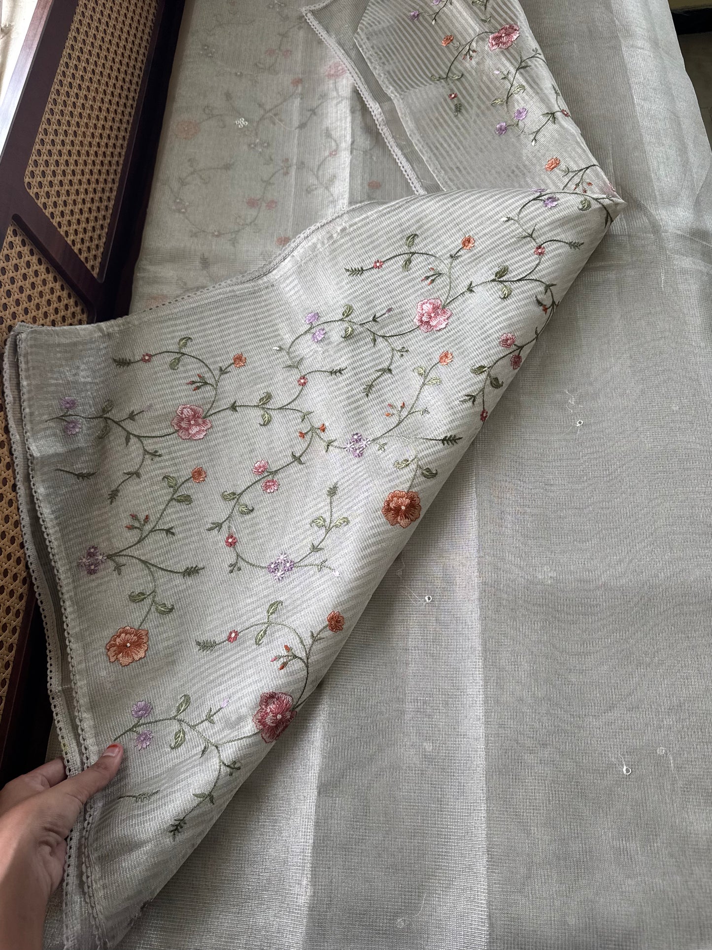 Mirror work Tissue Saree with Floral Embroidered Blouse -Metallic Silver
