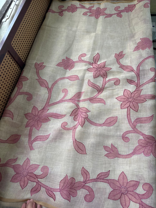 Premium Tissue Linen Sarees - Half White & Pink