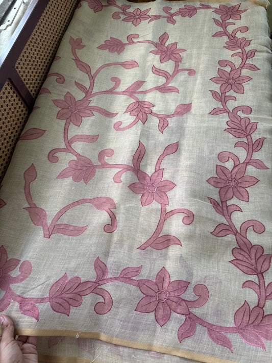 Premium Tissue Linen Sarees - Half White & Pink