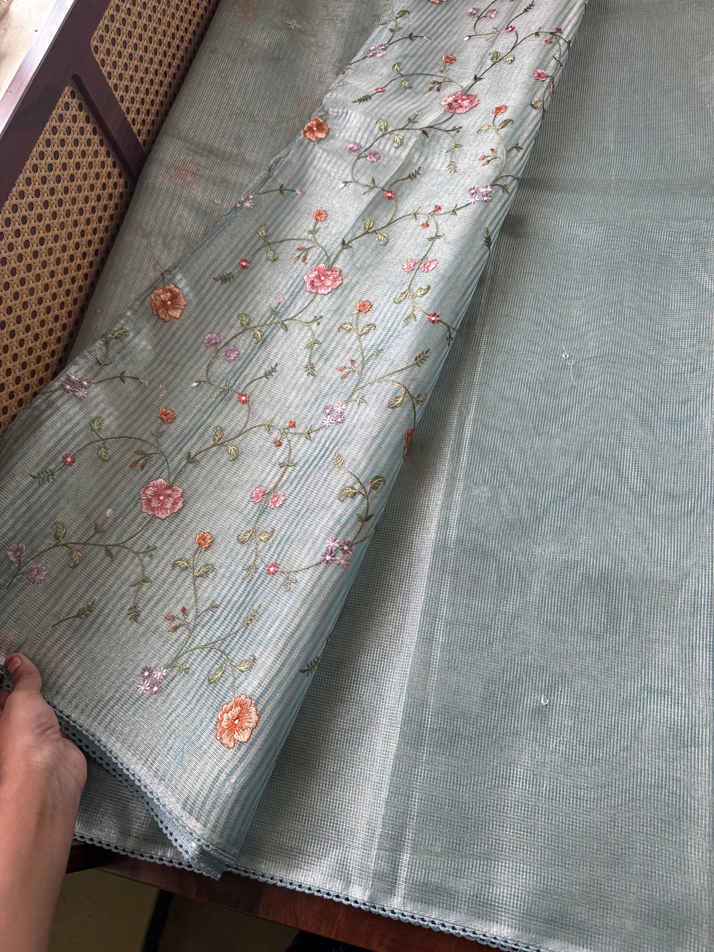 Mirror work Tissue Saree with Floral Embroidered Blouse -Metallic Blue