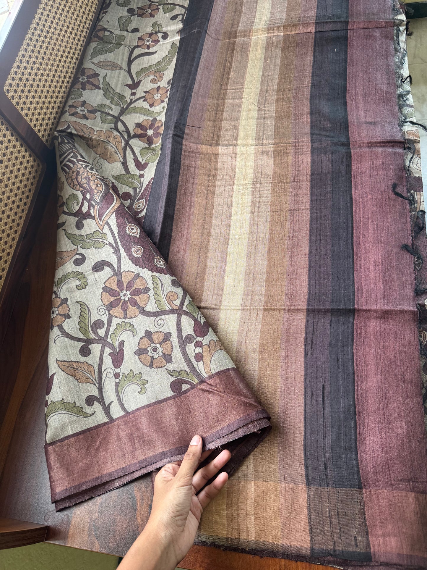 Pure Handloom Tussar Silk Saree - Natural Beige & Burgundy