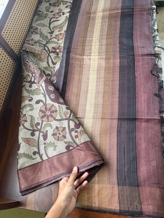Pure Handloom Tussar Silk Saree - Natural Beige & Burgundy