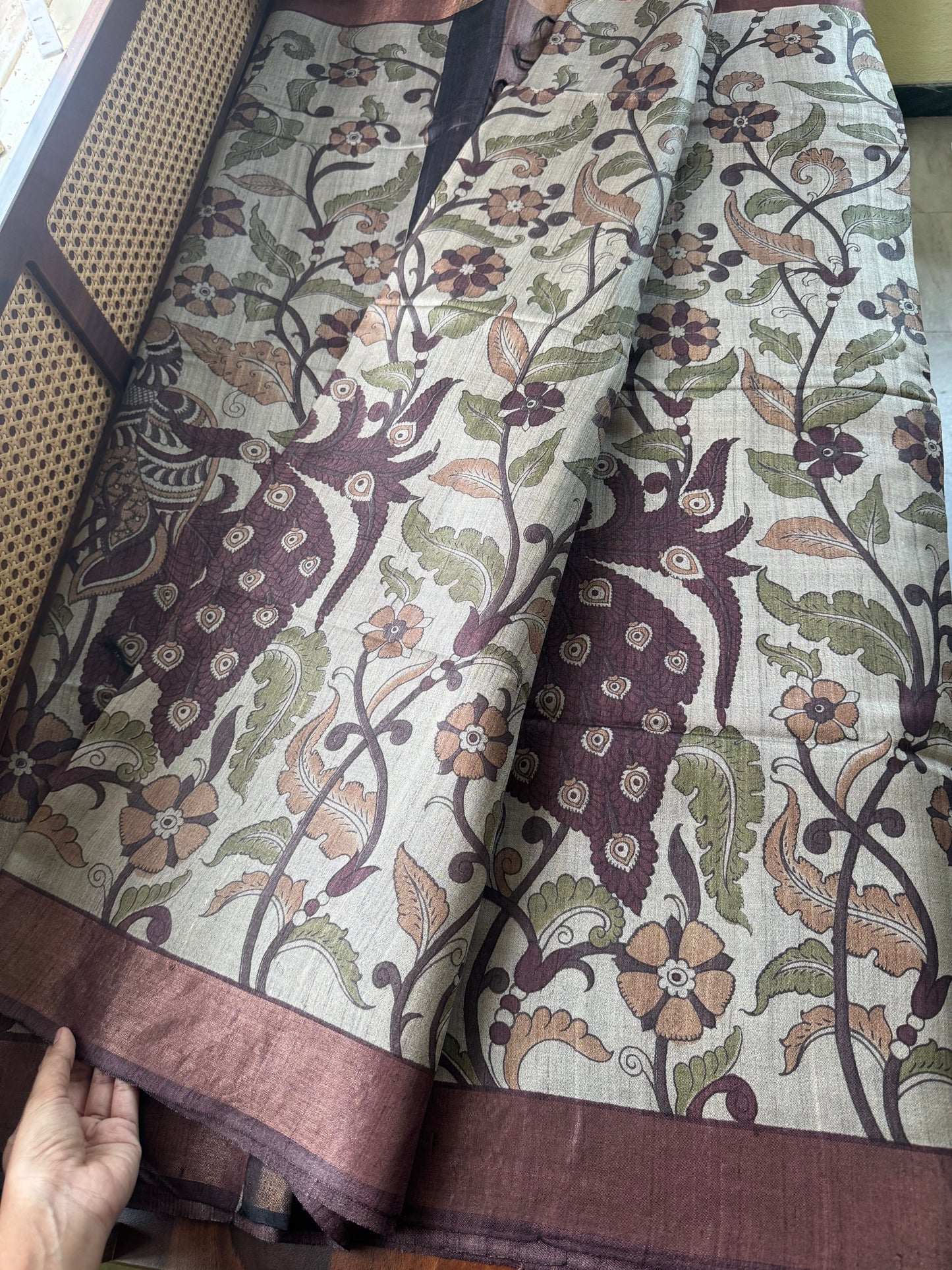 Pure Handloom Tussar Silk Saree - Natural Beige & Burgundy
