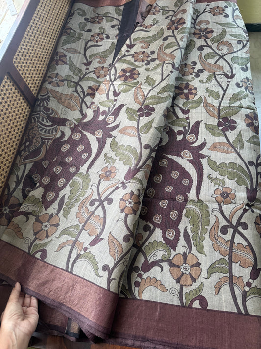 Pure Handloom Tussar Silk Saree - Natural Beige & Burgundy