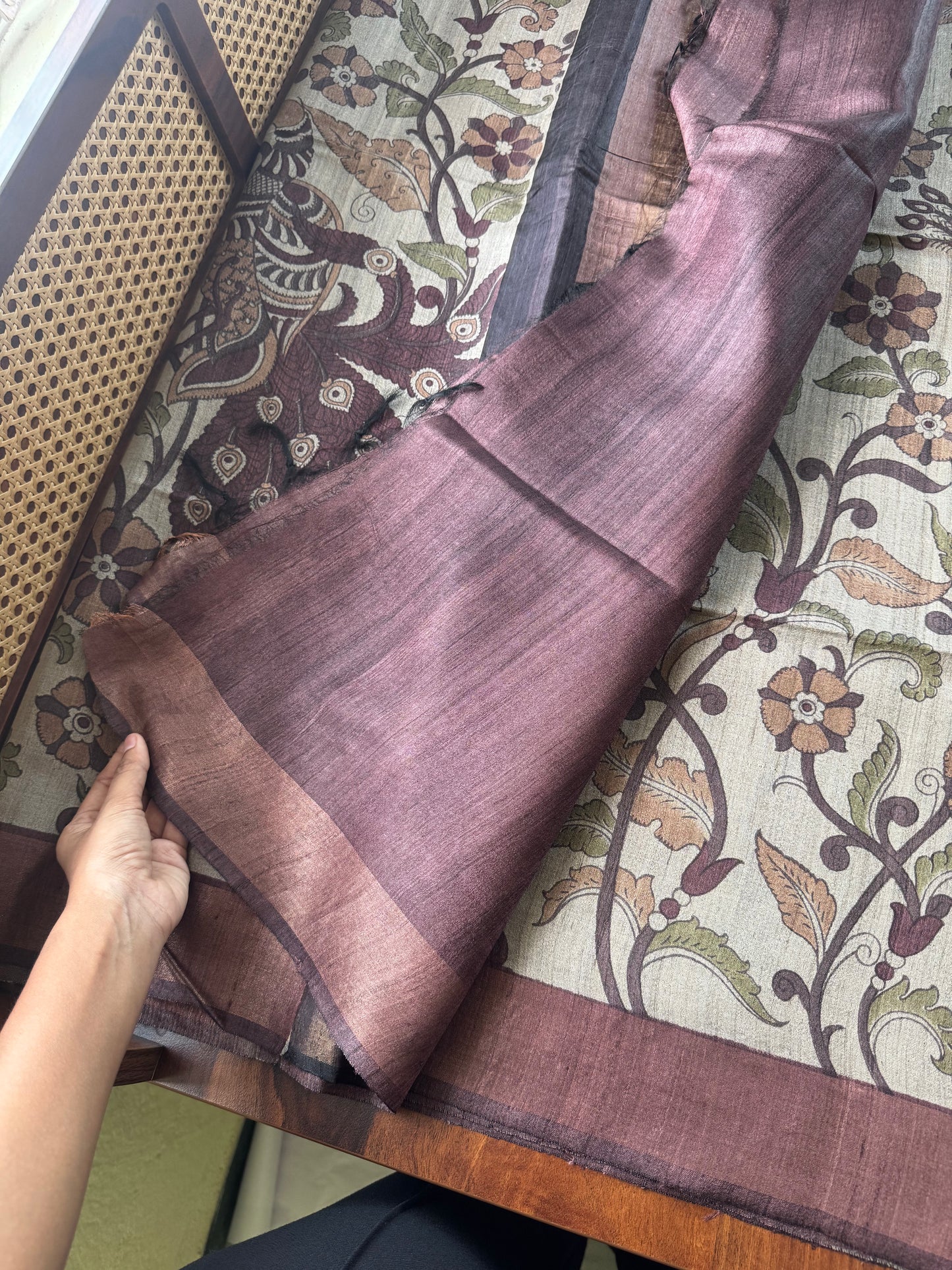 Pure Handloom Tussar Silk Saree - Natural Beige & Burgundy