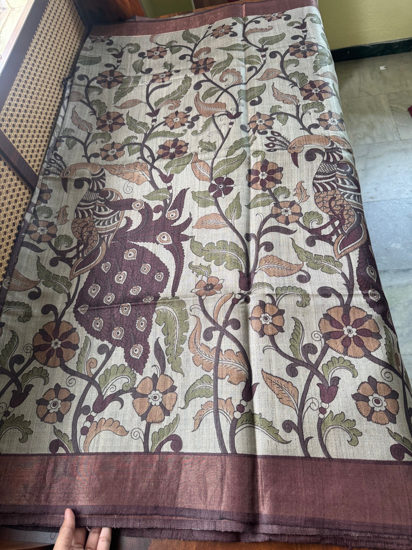 Pure Handloom Tussar Silk Saree - Natural Beige & Burgundy