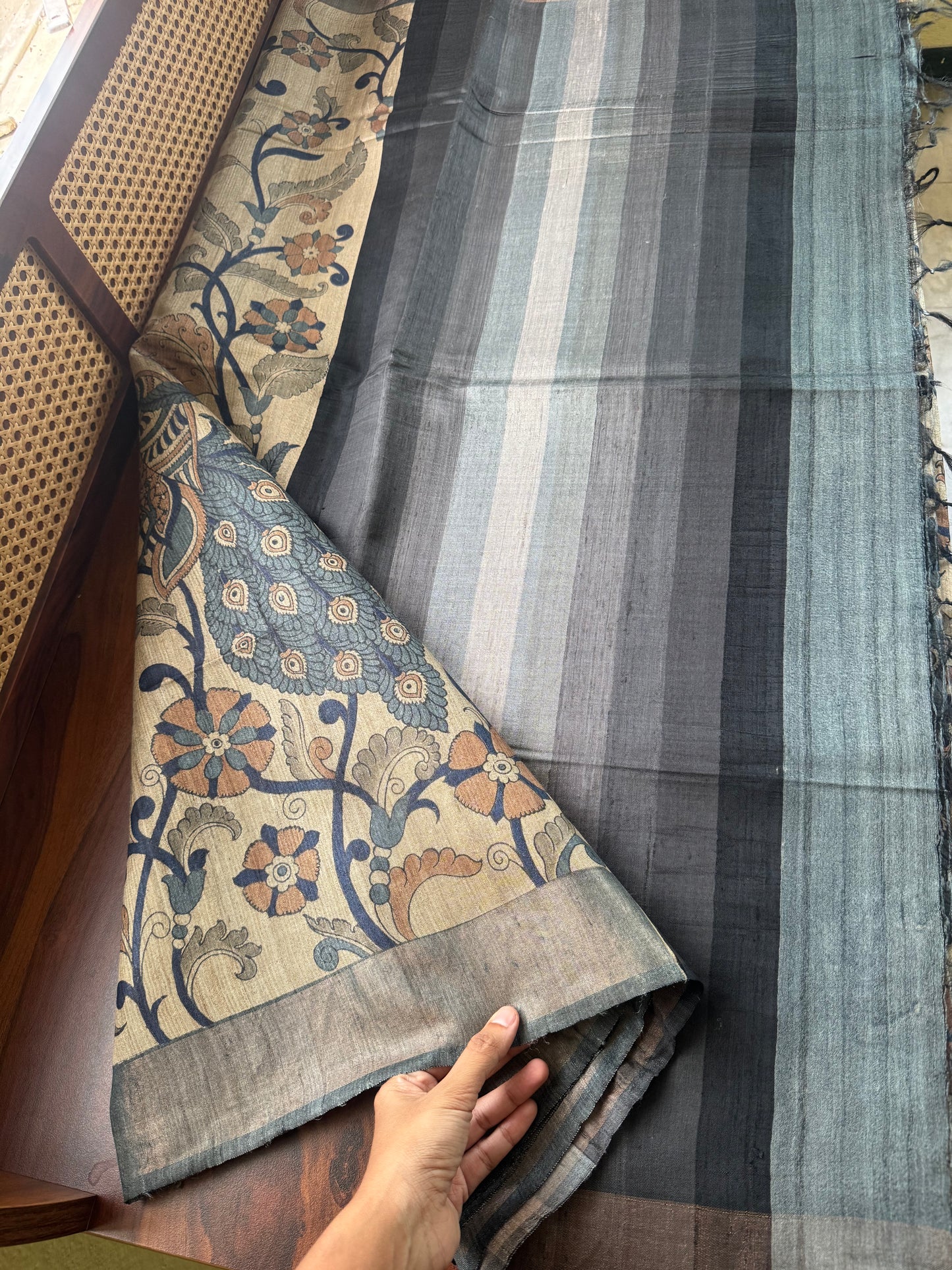 Pure Handloom Tussar Silk Saree - Natural Beige & Blue