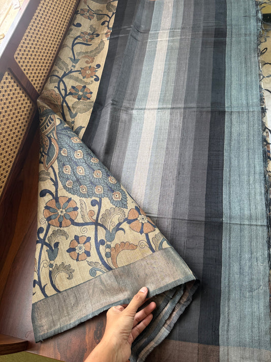 Pure Handloom Tussar Silk Saree - Natural Beige & Blue