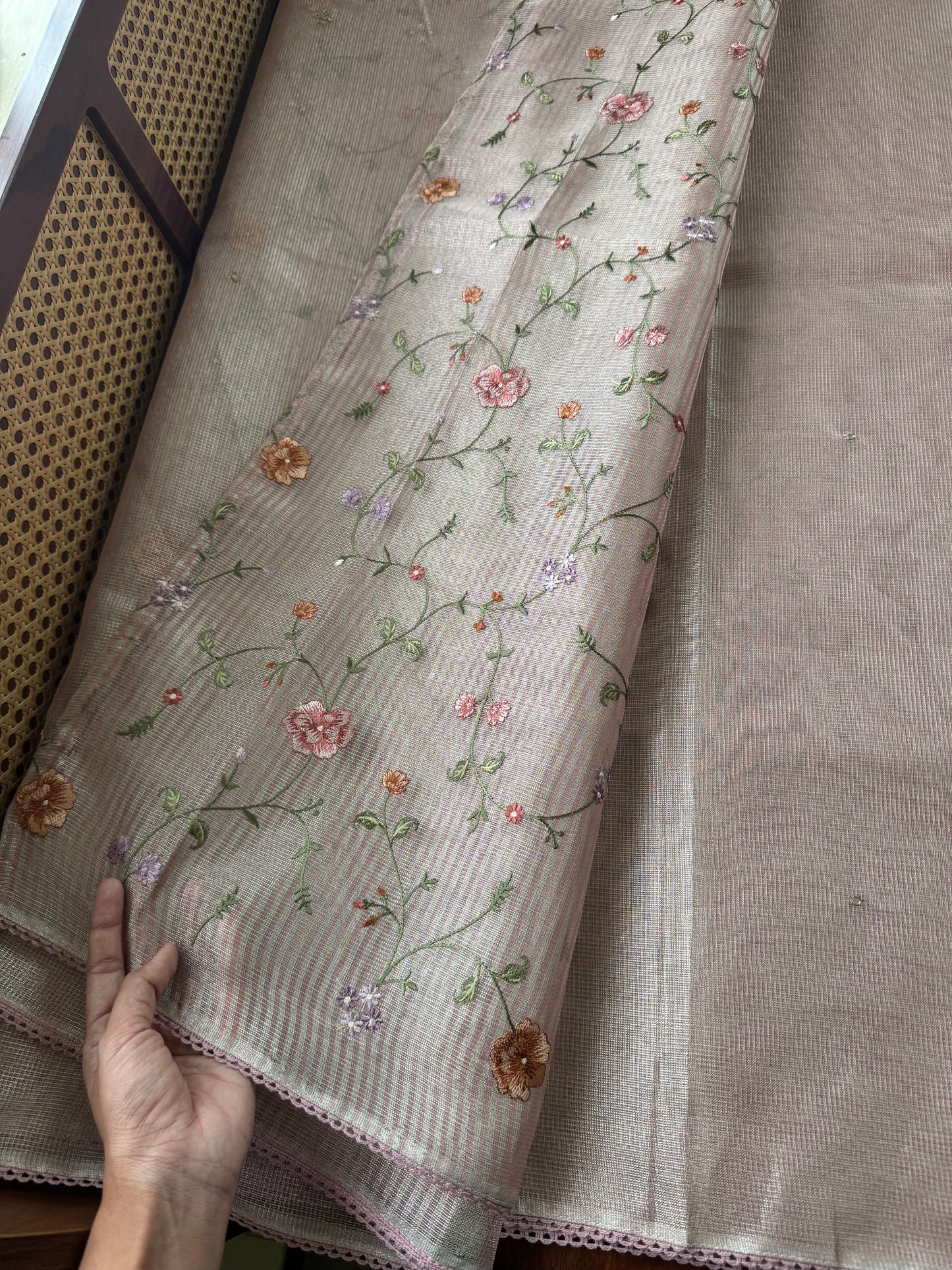 Mirror work Tissue Saree with Floral Embroidered Blouse -Metallic Pink