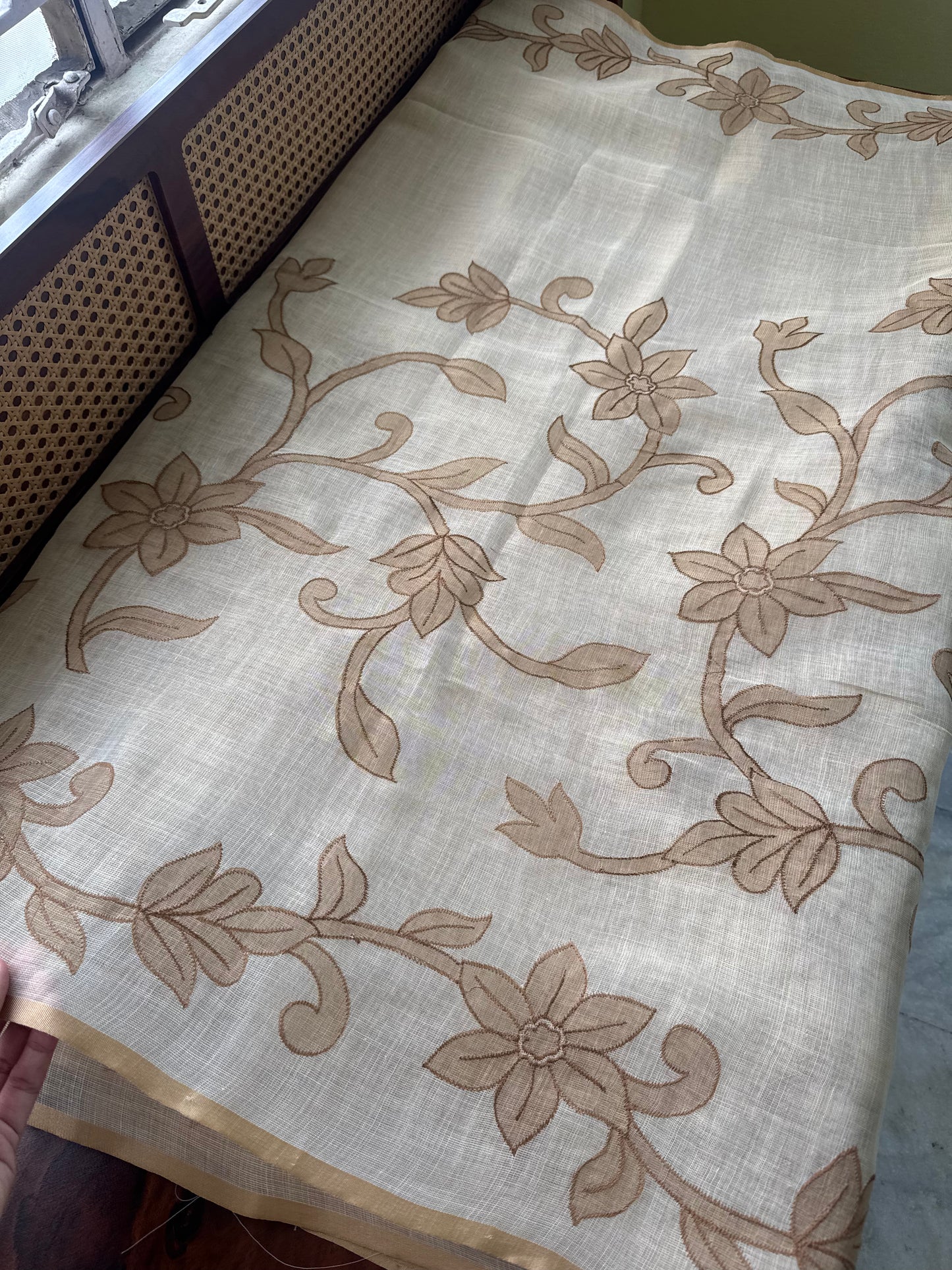Premium Tissue Linen Sarees - Half White & Brown