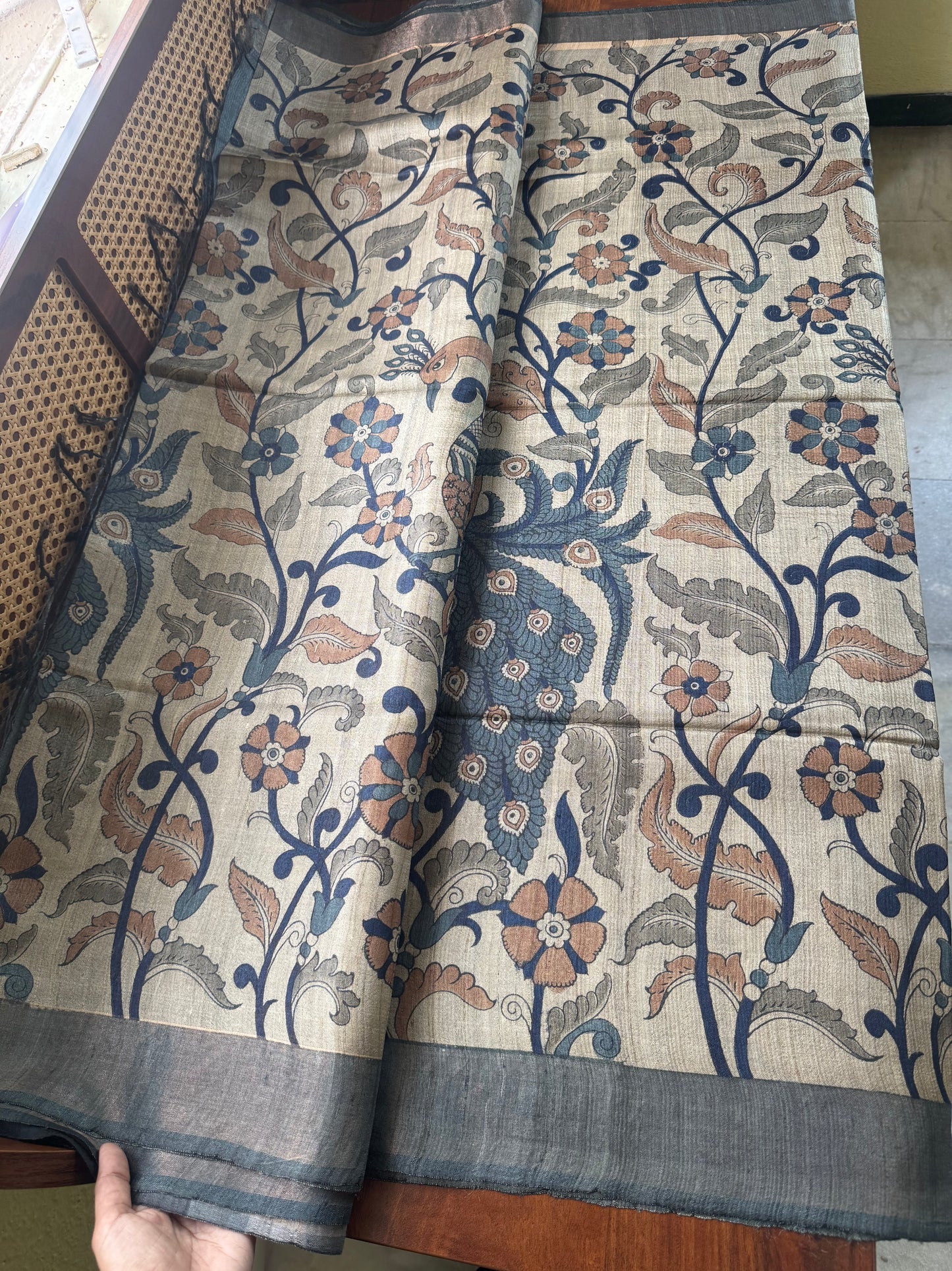 Pure Handloom Tussar Silk Saree - Natural Beige & Blue
