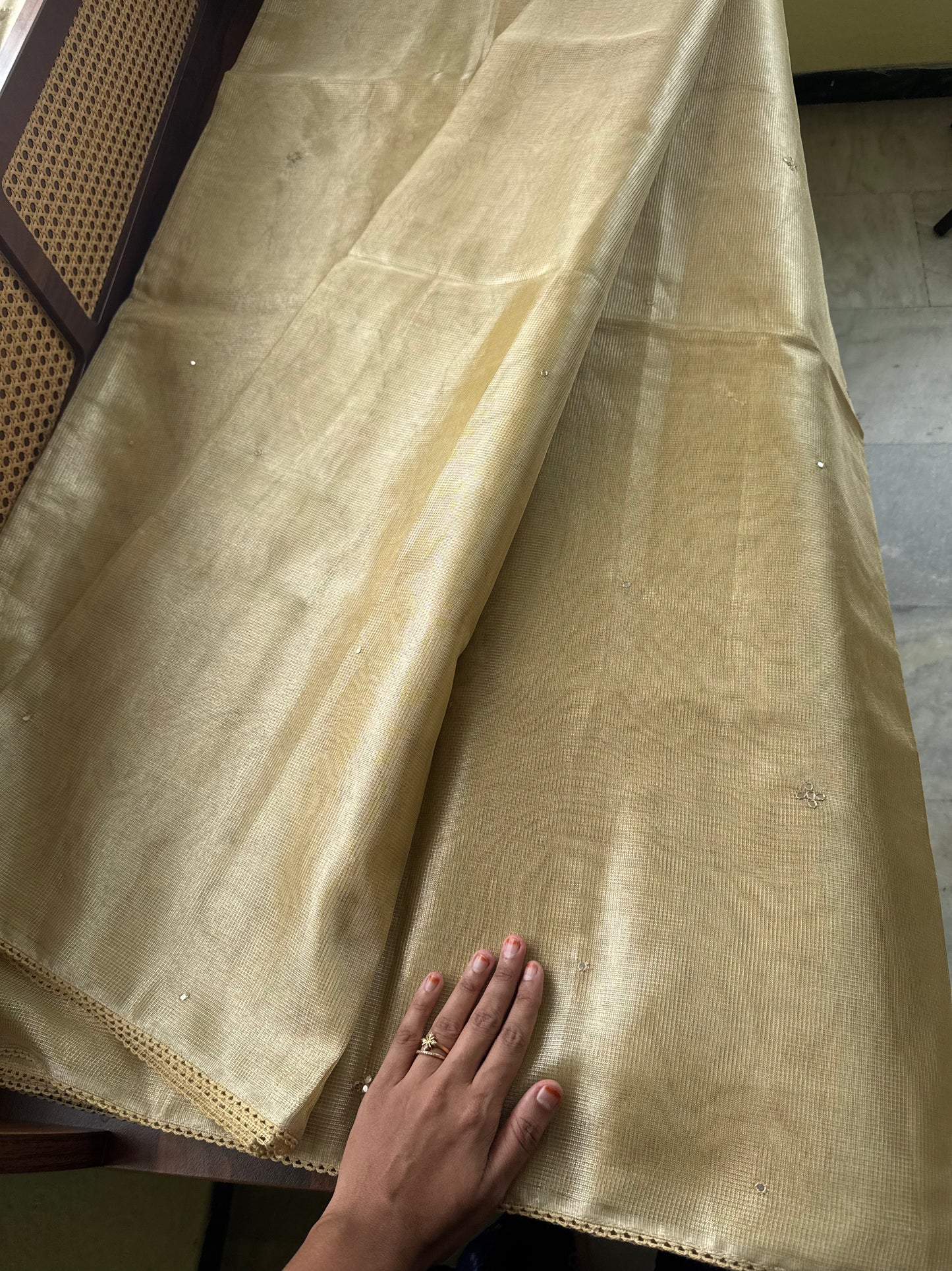 Mirror work Tissue Saree with Floral Embroidered Blouse -Metallic Yellow