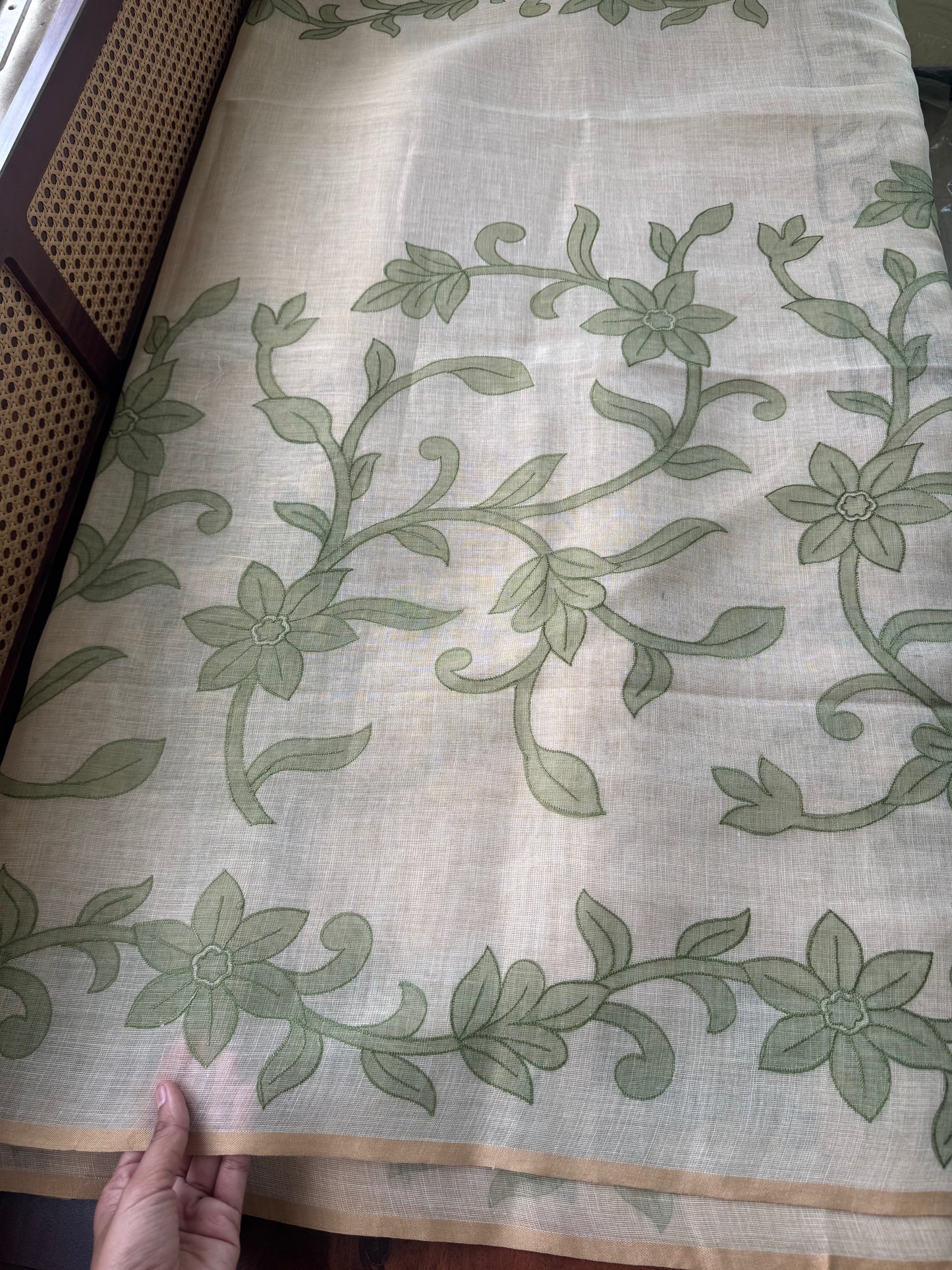 Premium Tissue Linen Sarees - Half White & Green