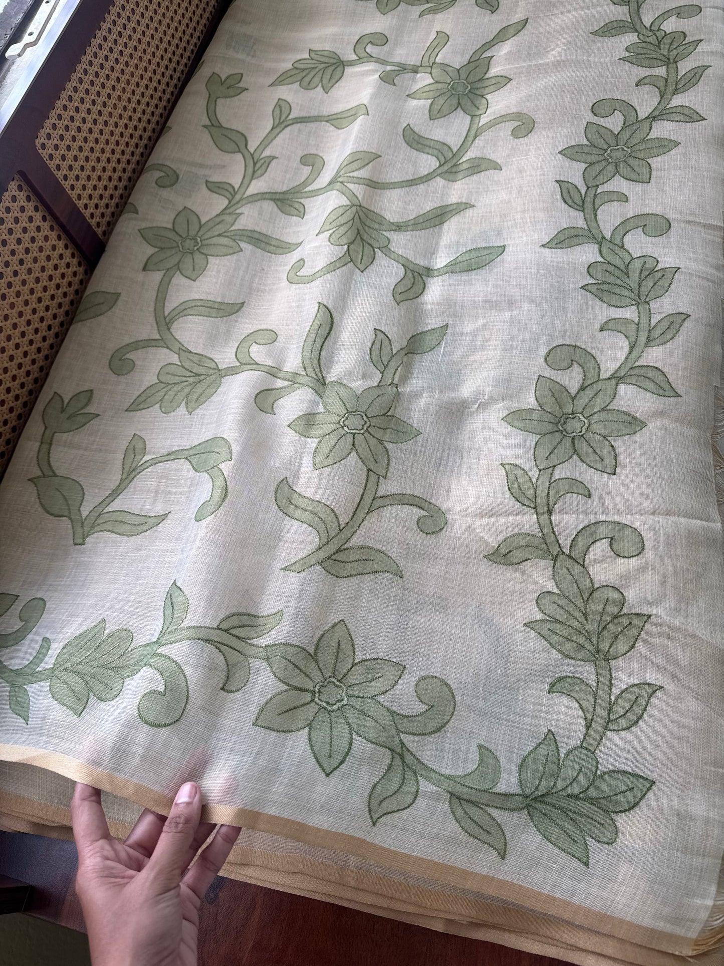 Premium Tissue Linen Sarees - Half White & Green