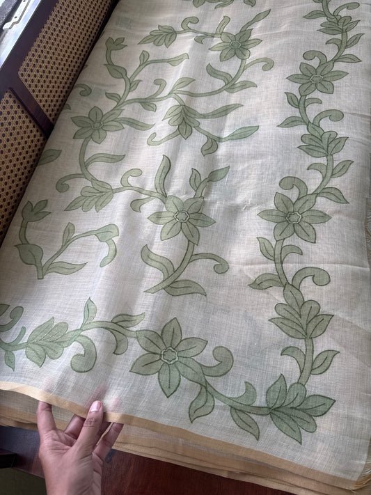 Premium Tissue Linen Sarees - Half White & Green