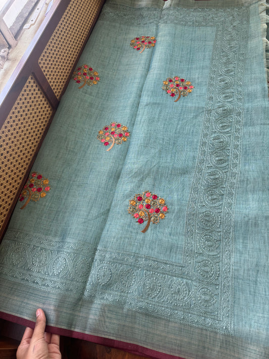 Premium Tissue Linen Sarees - Blue