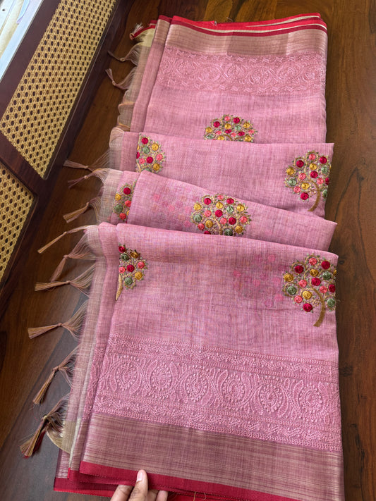Premium Tissue Linen Sarees - Pink