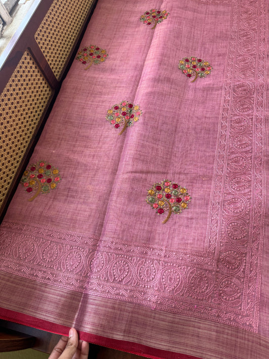 Premium Tissue Linen Sarees - Pink