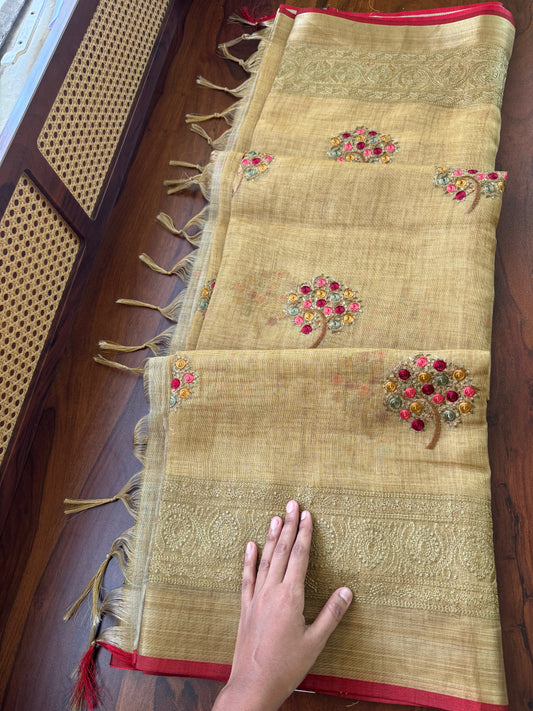 Premium Tissue Linen Sarees - Henna Green