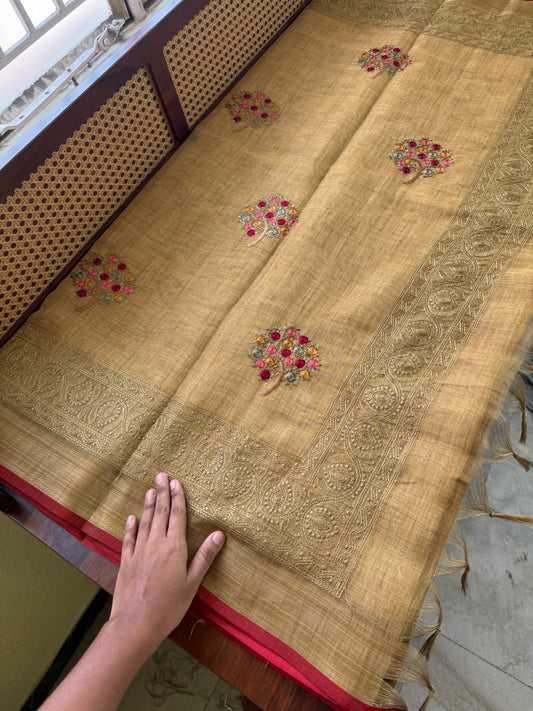 Premium Tissue Linen Sarees - Henna Green