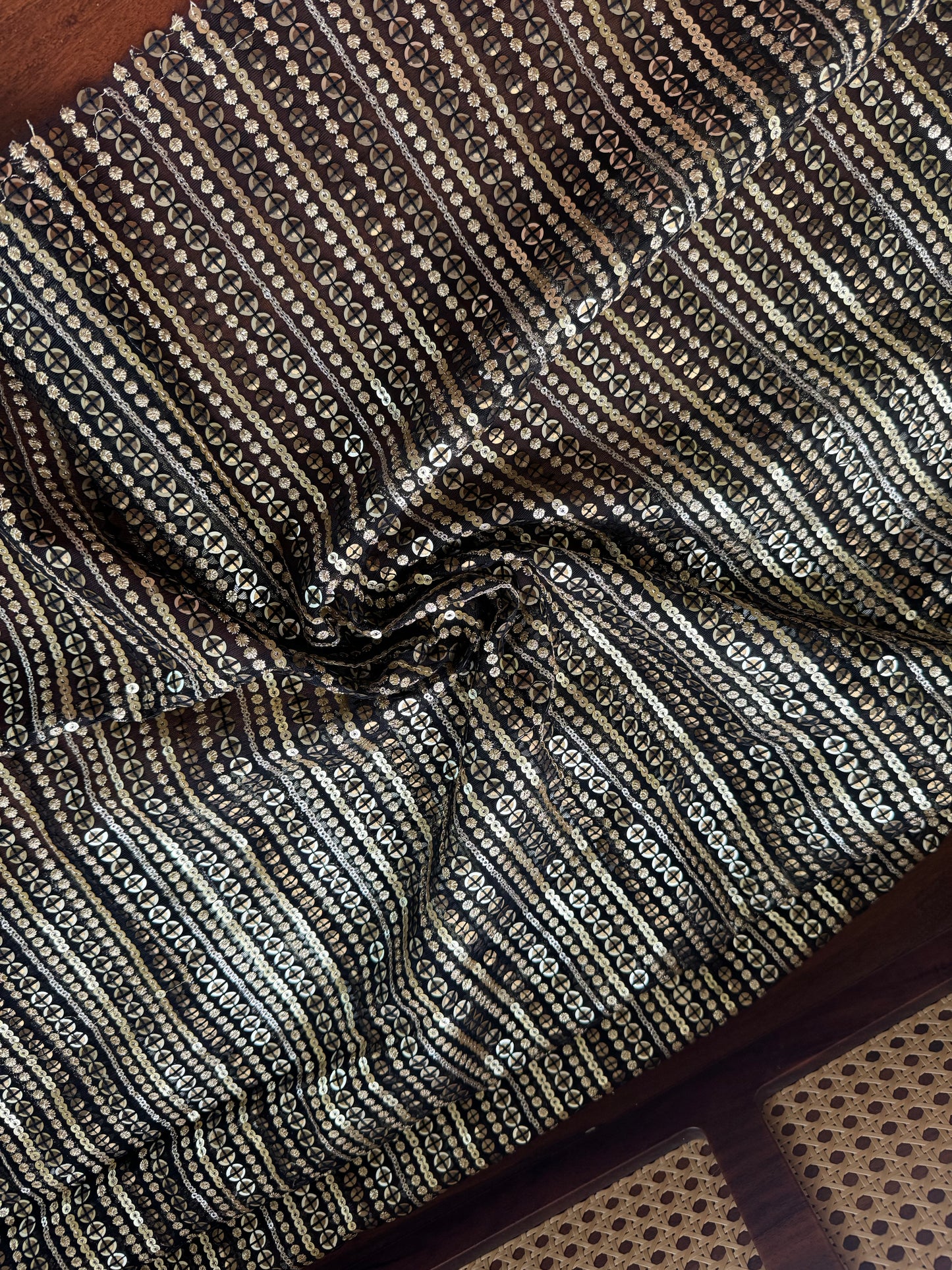 Luxe Designer Net Fabric - Black & Golden Stripes (1 meter)