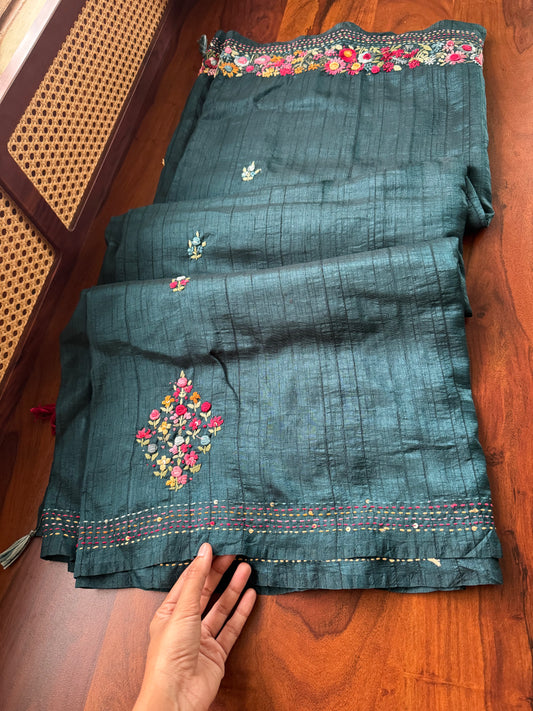 Premium Tussar Blend Saree with Handwork (Heavy Blouse)- Dark Peacock Green