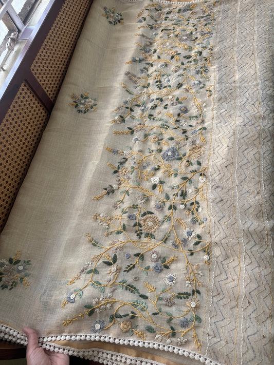 Premium Tissue Linen Sarees - Beige & Green