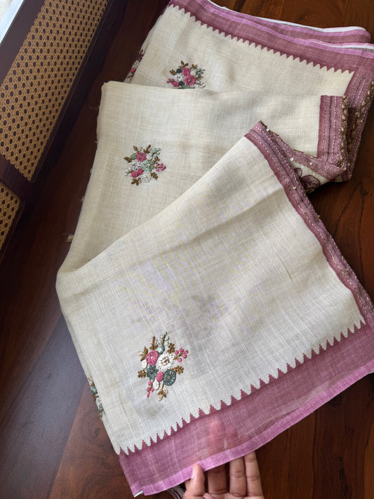 Premium Tissue Linen Sarees - Half White and Pink