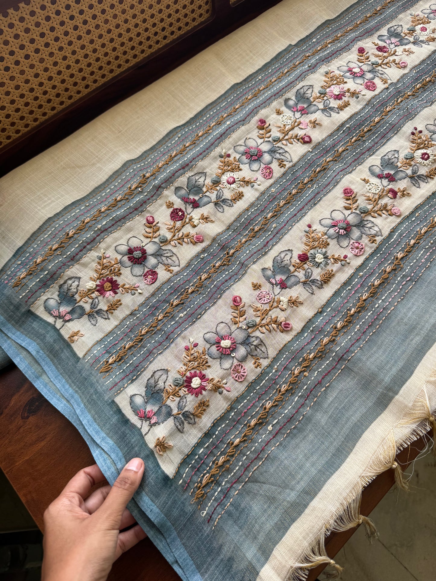 Premium Tissue Linen Sarees - Half White and Blue