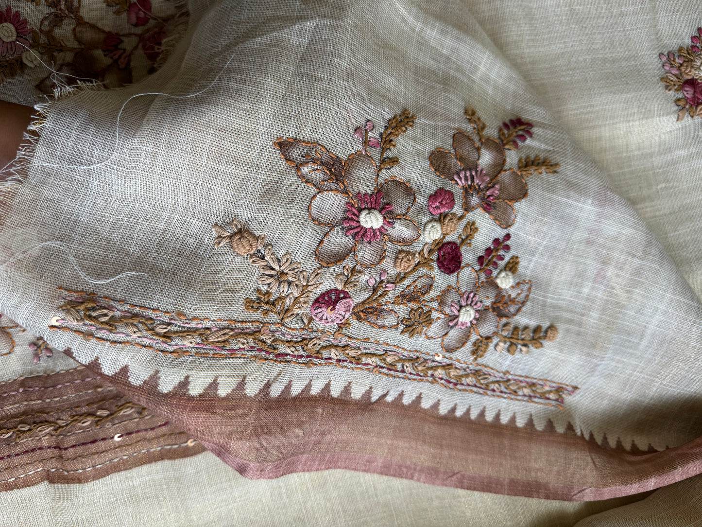 Premium Tissue Linen Sarees - Half White and Brown