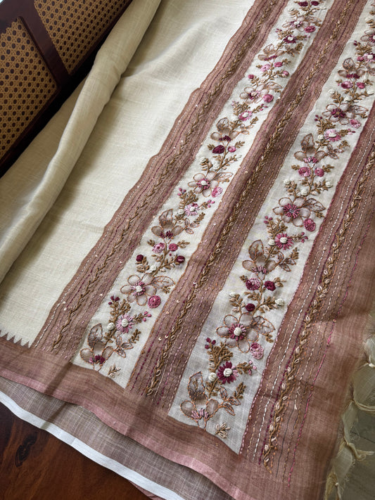 Premium Tissue Linen Sarees - Half White and Brown