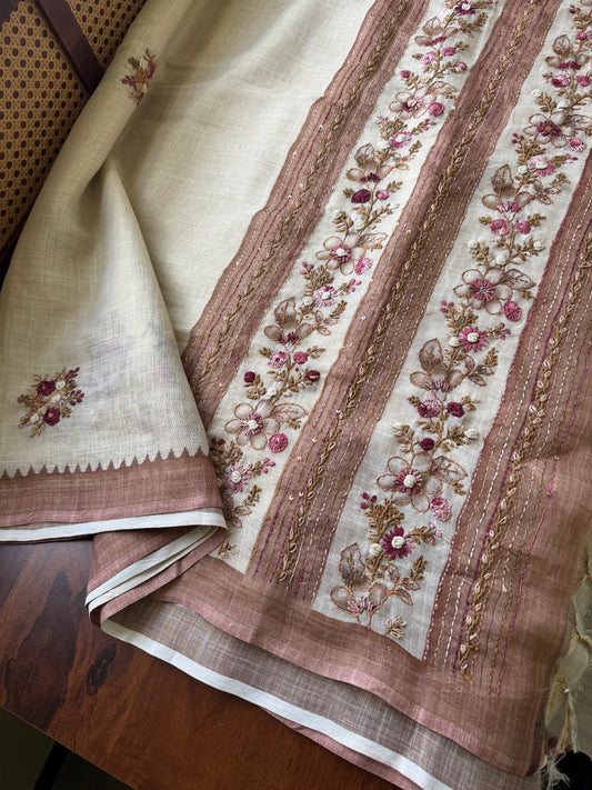 Premium Tissue Linen Sarees - Half White and Brown