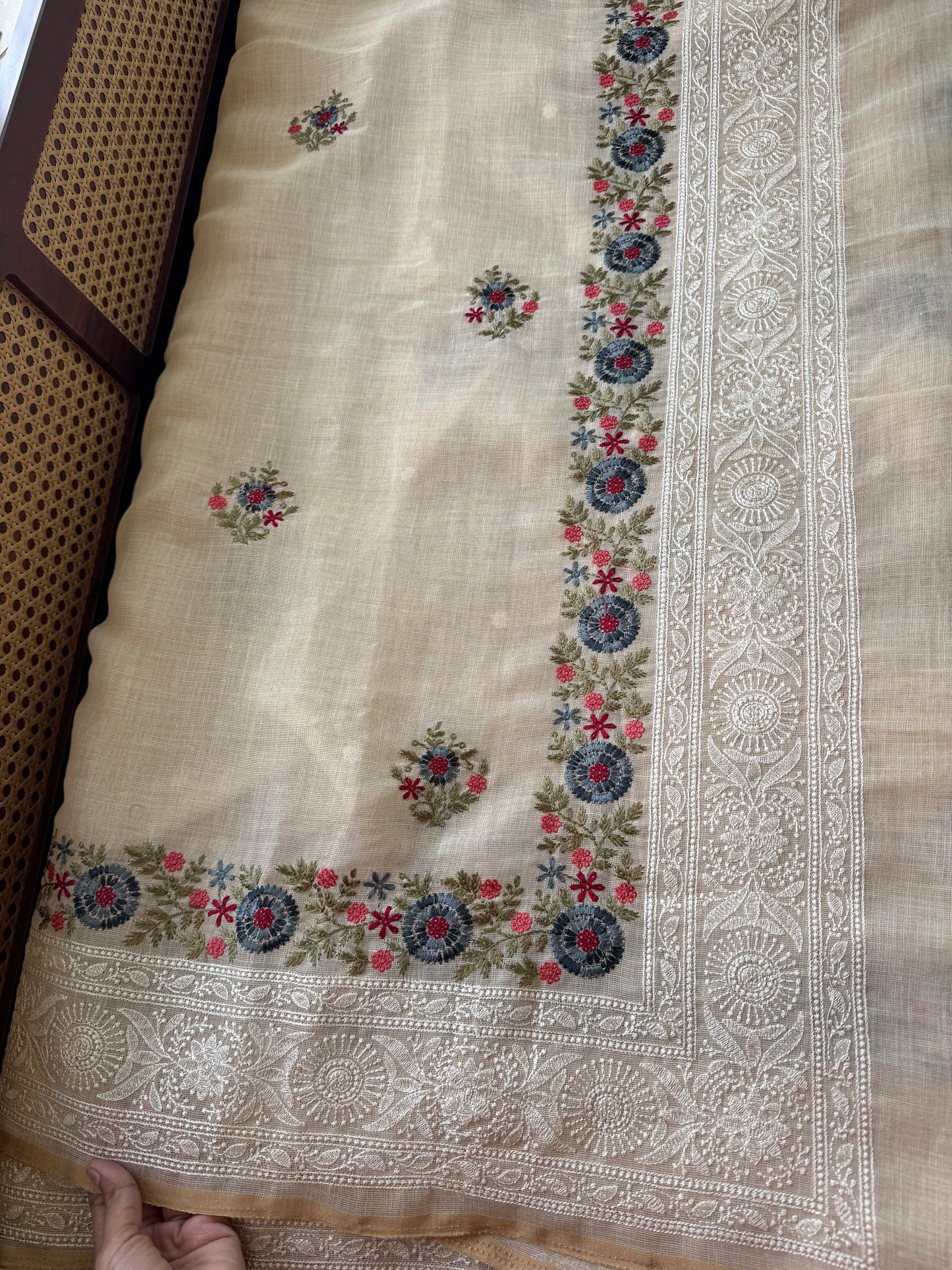 Premium Tissue Linen Sarees - Half White & Blue