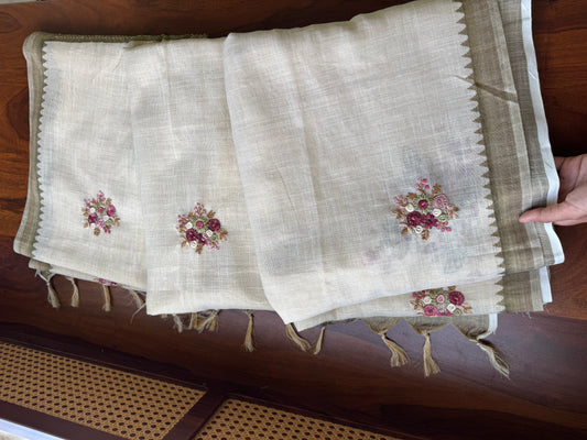 Premium Tissue Linen Sarees - Half White and Olive
