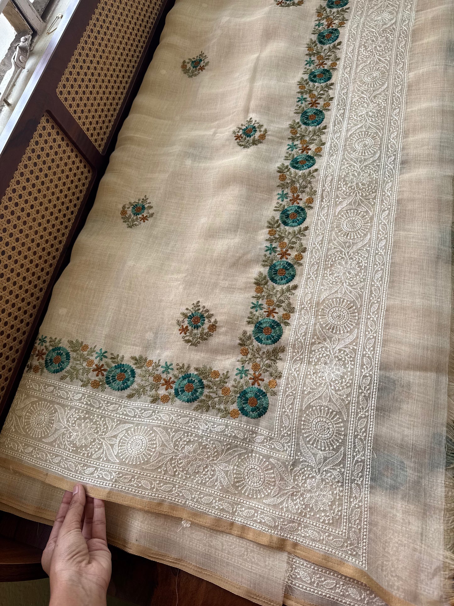 Premium Tissue Linen Sarees - Half White & Peacock Blue