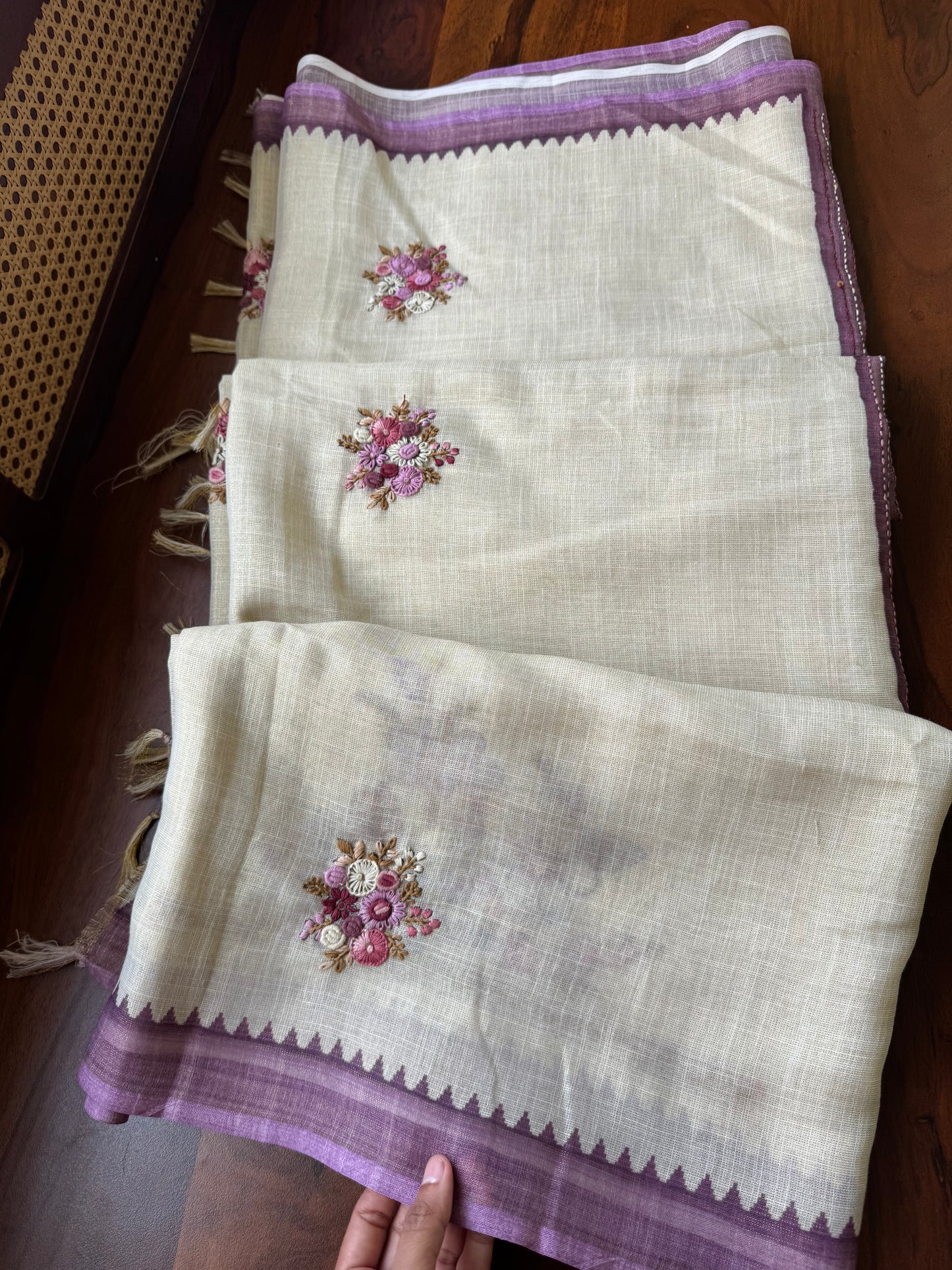Premium Tissue Linen Sarees - Half White and Lavender