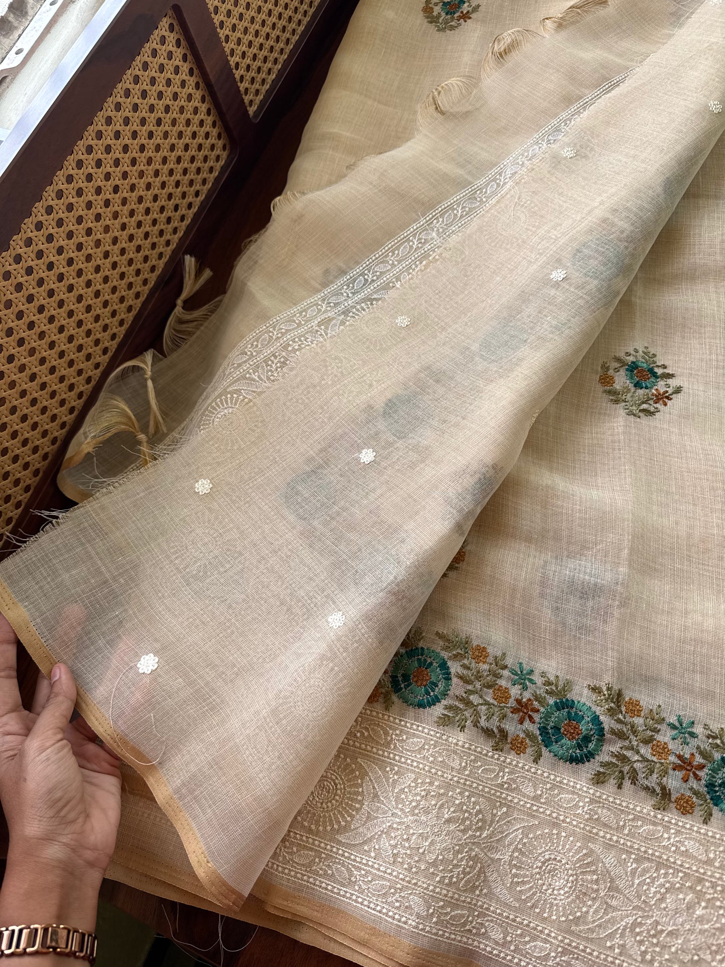 Premium Tissue Linen Sarees - Half White & Peacock Blue