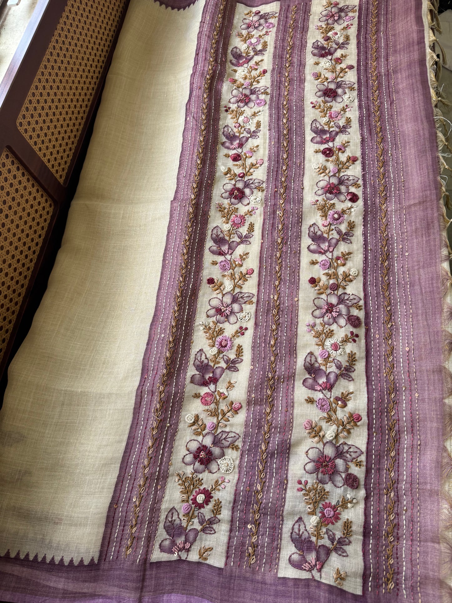 Premium Tissue Linen Sarees - Half White and Lavender