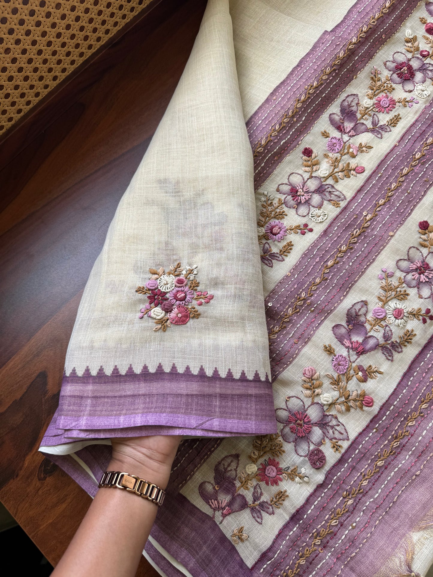 Premium Tissue Linen Sarees - Half White and Lavender