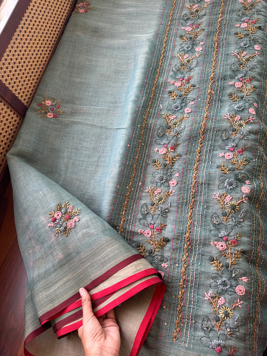 Premium Tissue Linen Sarees with heavy blouse - Blue