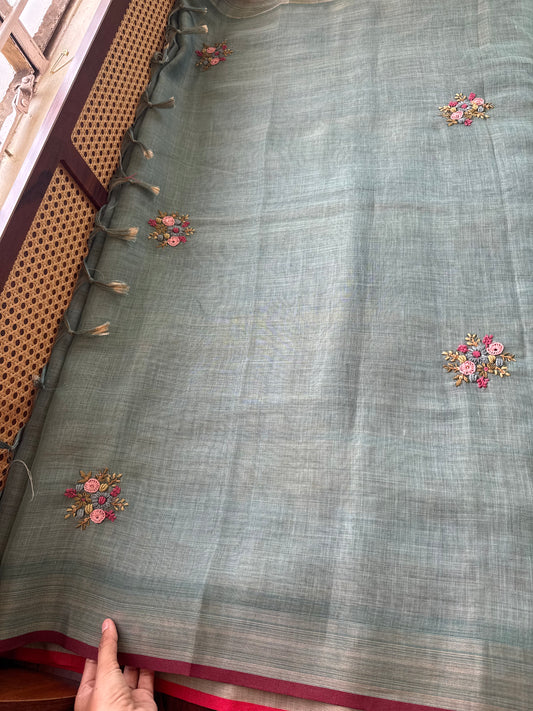 Premium Tissue Linen Sarees with heavy blouse - Blue